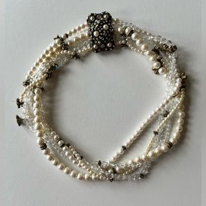 SWEET ROMANCE five strand faux pearl, brass and crystal collar necklace.